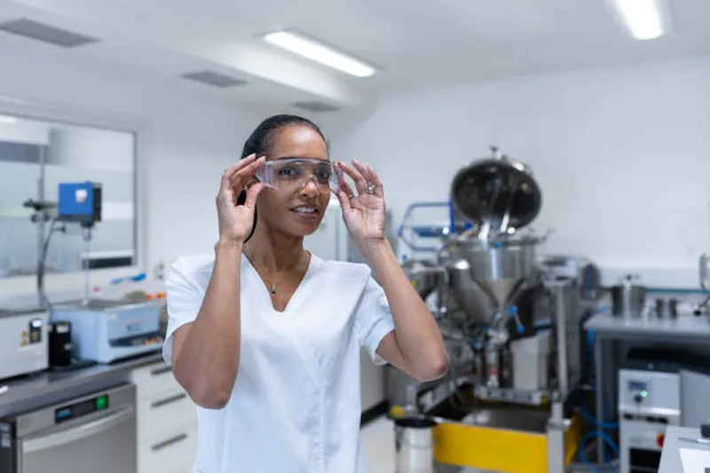 Lab scientist with safety equipment